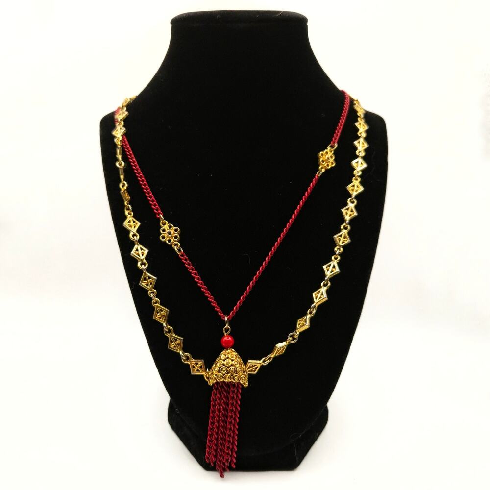 Vtg Necklace Red Chain Tassel Gold Tone Statement Asian Long Travel Geometric